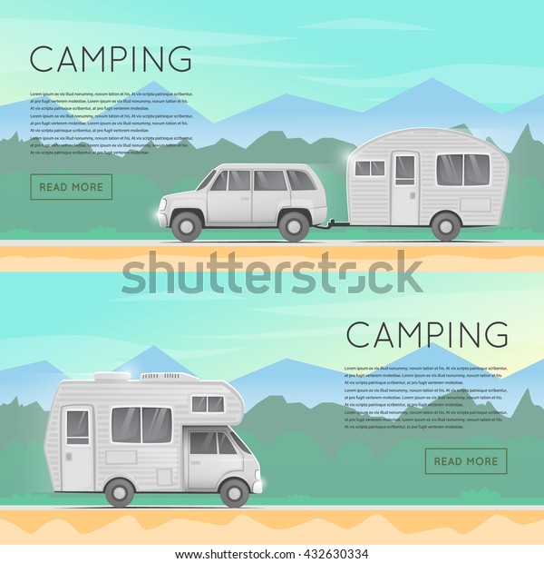 Hiking and outdoor forest camping. Camper\
trailer family. Tourist. Summer landscape. Adventure. Flat design\
vector illustration.\
Banners.