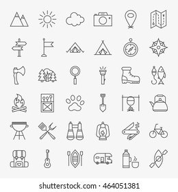 Hiking and Outdoor Line Icons Set. Vector Collection of Modern Thin Outline Camping Symbols.