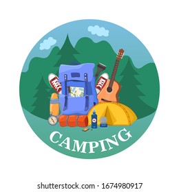 Hiking and outdoor recreation concept with flat camping travel icons vector illustration