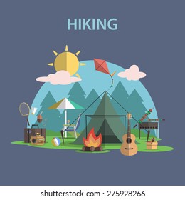 Hiking and outdoor recreation concept with flat camping travel icons vector illustration