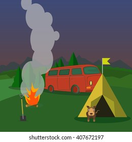 Hiking and outdoor recreation concept with flat camping travel 