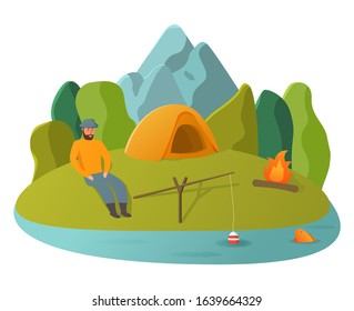 Hiking and outdoor recreation. Mountain  camping travel.Forest adventure mountain view.Tourist tent,bonfire.  fisherman with rod and catching fish on  river.Fishing people with fish.AnglerMan fishin.