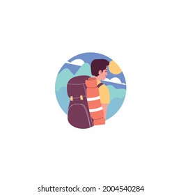 Hiking and outdoor recreation.Men travelling flat illustration line art.Adventure tourism and travel.Human people with backpack.Adventures in natur.Cartoon character traveler.