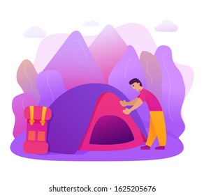Hiking and outdoor recreation.Camping travel.Men travelling . Forest adventure mountain view.Tourist tent.Flat illustration line art.