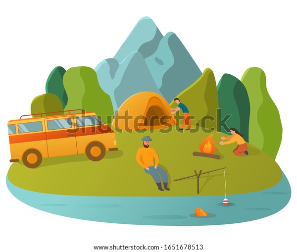 Hiking and outdoor recreation.Camping travel.Men\
and women travelling together. Forest adventure mountain\
view.Tourist tent.Flat illustration line art.Fishing people with\
fish.Man fishin.