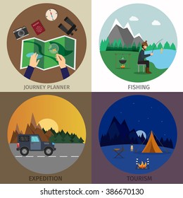 Hiking and outdoor set flat camping travel  vector illustration
