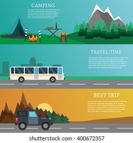Hiking and outdoor set flat camping travel vector illustration