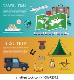 Hiking and outdoor set flat camping travel vector illustration