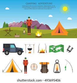 Hiking and outdoor set flat nature camping travel vector illustration