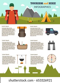 Hiking and outdoor set flat nature camping travel vector illustration