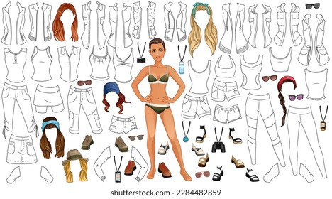 Hiking Outfit Coloring Page Paper Doll with Cute Cartoon Female Character, Clothes, Hairstyles and Accessories. Vector Illustration