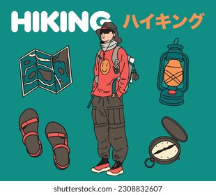 Hiking Outfit and Equipment Vector Illustration