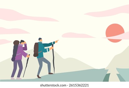 hiking paid off to see sunset. hiker to the top of mountains and saw beautiful sunset concept. vector illustration