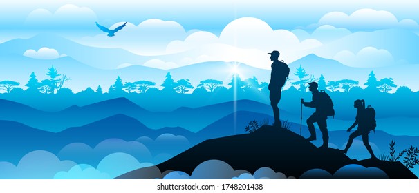 Hiking panoramic banner with people silhouettes on mountain top. Woodland landscape in blue colors with travelers, mountains, forest, clouds. Teamwork and success concept in flat style