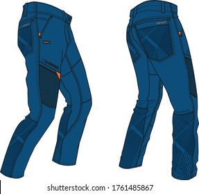 Hiking pants garment flats for fashion illustration with suggestive trims and branding 