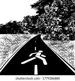 Hiking path, meadow and forest, black vector image on white background