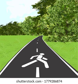 Camino de senderismo, verano, pradera y bosque, imagen vectorial de color