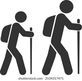 Hiking, path, walking stick icon symbol. Hiker, backpacker logo sign. Journey, Travel vector illustration image. Isolated on white background.