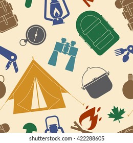 Hiking Pattern. Camping seamless background of camp and hike elements. Summer adventure tourism tiling backdrop.