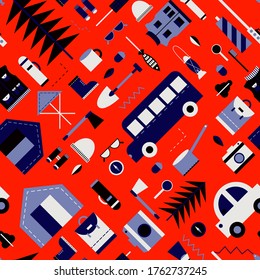 Ilustración plana de patrón de senderismo. Zona de juegos infantil y serie de decoración doméstica.