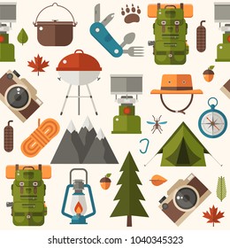 Hiking pattern with forest adventure and summer activity elements and icons. Picnic and camping seamless background with camp tent, barbecue and other tourist trip or expedition equipment in flat.