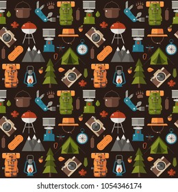 Hiking pattern with forest adventure and summer activity elements and icons. Picnic and camping seamless background with camp tent, barbecue and other tourist trip or expedition equipment in flat.