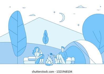 Hiking people camping. Tourists in summer camp. Tripping family nature, campers on vacation. Persons at campfire. Vector line concept