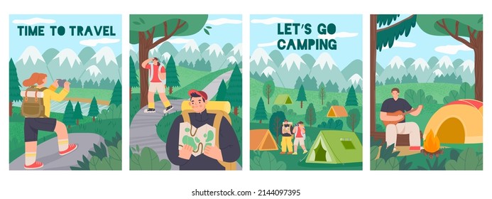 Hiking people poster. Cartoon tourism and active adventure banners with characters on camping. Vector banner. Couple reading man and searching way, looking in binoculars, playing guitar in campsite