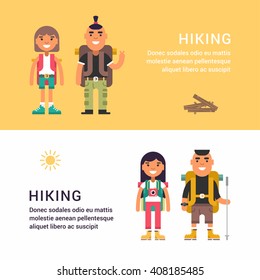 Hiking and Picknic. Set of Flat Style Vector Illustrations for Web Banners or Promotional Materials. Smiling Young Man and Girl with Backpack and Stick for Hiking