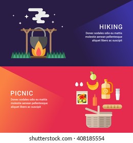 Hiking and Picknic. Set of Flat Style Vector Illustrations for Web Banners or Promotional Materials. Tourist Pot on Fire. Basket with Food for a Picnic