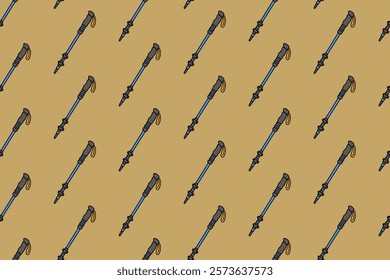 hiking poles colorful doodle seamless pattern on brown background. retro trekking poles background. walking sticks illustration wallpaper. pattern background with trekking poles outdoor for adventure