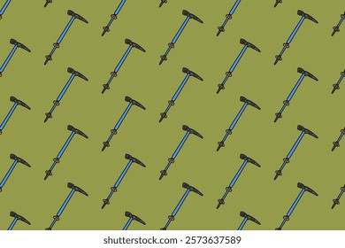 hiking poles colorful doodle seamless pattern on green background. retro trekking sticks background. walking poles illustration wallpaper. pattern background with outdoor trekking poles for adventure