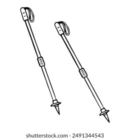 Wanderstöcke handgezeichnet im Doodle-Stil. Spaziergang entlang des Weges im Bergwald. Vektorgrafik Line Art Illustration.