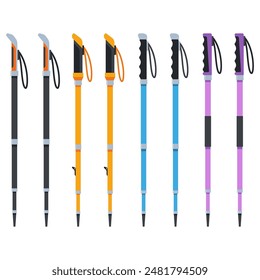 Hiking poles vector cartoon set isolated on a white background.