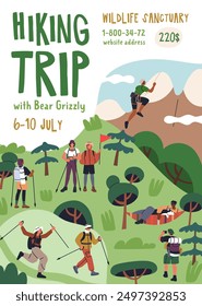 Hiking, poster design. Tourists, hikers trekking in nature travel, outdoor trip, flyer card template. Active summer adventure, backpacking, camping, vertical background. Flat vector illustration