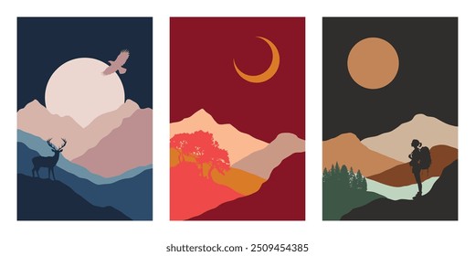 Hiking posters, travel adventure postcard with mountains, sun and moon. Travel concept of discovering, exploring, observing nature. Adventure. Minimalist graphic. Deer, traveler, falcon, night scene