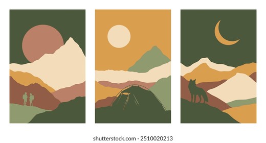 Carteles de senderismo, postales de aventuras de viaje con montañas, sol y luna. Concepto de viaje de descubrir, explorar, observar la naturaleza. Aventura. Gráfico minimalista. Pareja de viajeros, tienda de viaje, lobo