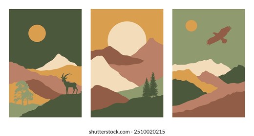 Hiking posters, travel adventure postcard with mountains, sun and moon. Travel concept of discovering, exploring, observing nature. Adventure. Minimalist graphic. Mountain goat, hawk, tree forest