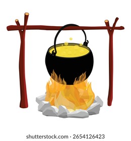 Caldeirão pendurado sobre a fogueira. Sopa fervente no arremessador na estaca. Viajar, turismo, piquenique cozinhar no fogo e fumaça. Jantar fora. Turismo, acampamento. Ilustração vetorial