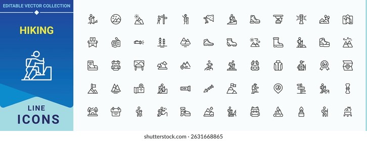 Hiking related icon set. Minimal thin line web icons set. Included outdoor, tourism, camping, camp, adventure, travel. Vector illustration. Tour modern icon set.