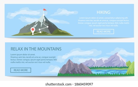 Hiking and relaxing in mountains banner set. Outdoor mountain hiking trail, blue sky and lake. Nature travel landscape background design vector illustration