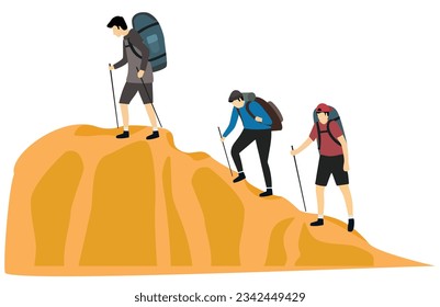 Hiking, rock climbing, man, hiker, or backpacker. Climber on the mountain peak with a backpack. Flat vector design illustration.