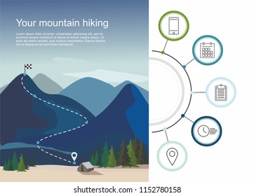 Hiking Route Infographic With A Five Steps. Layers Of Mountain Landscape With Fir Trees