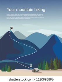 Hiking route infographic. Layers of mountain landscape with fir trees . Vector illustration