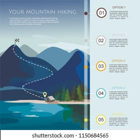 Hiking Route Infographic  Template With A Five Steps. Layers Of Mountain Landscape With Fir Trees. Vector Illustration