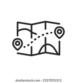 Icono de mapa de ruta de senderismo. Ilustración de línea de vectores de un mapa de senderos con ruta de senderismo marcada para aventura al aire libre.