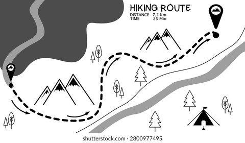 Hiking route tracking map infographic with mountains camping tent and river nature trail vector illustration featuring outdoor adventure path and location pins. A thematic monochrome graphic layout depicting a wild nature exploration trail. The composition includes mountain range line icons, a flowing river, pine trees, a camping tent landmark, and a dashed journey route with direction arrows from start to peak destination. Ideal for travel blogs, ecotourism brochures, outdoor apparel marketing, camping guidebooks, and navigation app graphics.