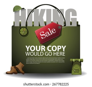 Hiking sale shopping bag background. EPS 10 vector Royalty free stock illustration for ad, promotion, poster, flier, blog, article, social media, marketing