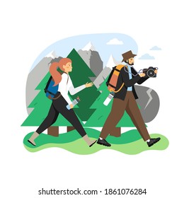 Hiking scene, flat vector illustration. Traveler, hiker couple with backpacks, camera, water bottles going hiking in forest. Trekking, mountain tourism, adventure, expedition, nature discovery.