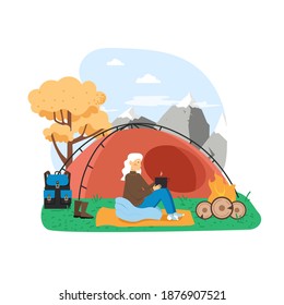 Hiking scene, flat vector illustration. Traveler, hiker female character sitting at campfire with cup of hot tea. Trekking, nature tourism, adventure, expedition, camping.